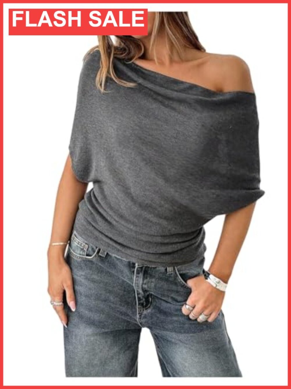 Off the Shoulder Bat Wing Sweater Loose Knit Pullover for Women